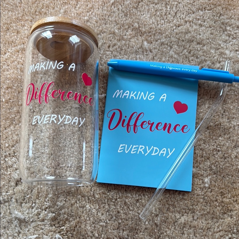 Inspirational Glass Tumbler Set with Blue Pen and Notepad